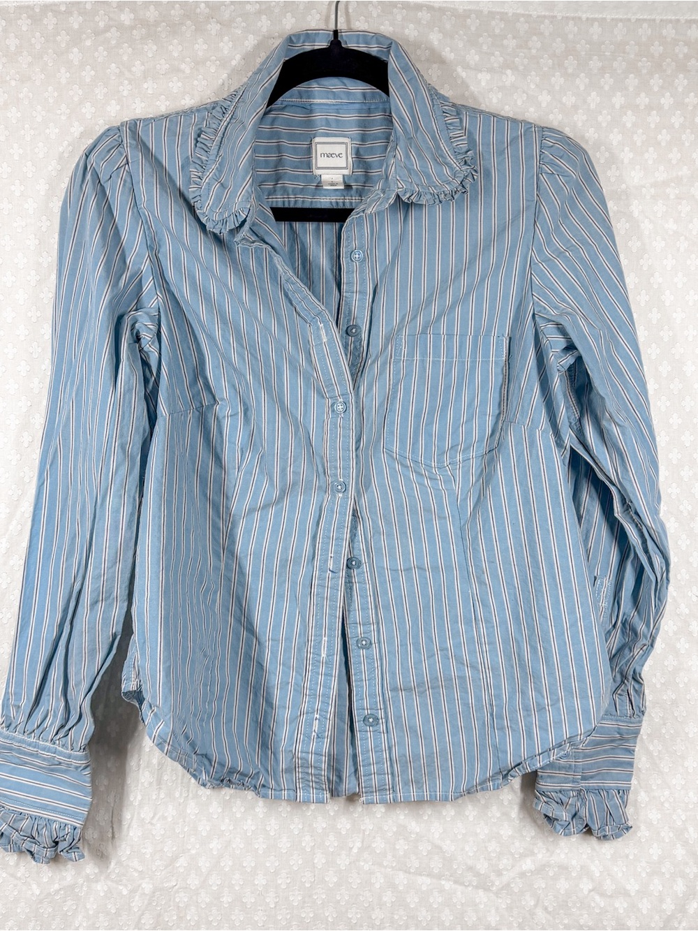 Anthropologie Maeve Blue White Striped Button Up Long Sleeve Ruffle Collar Top